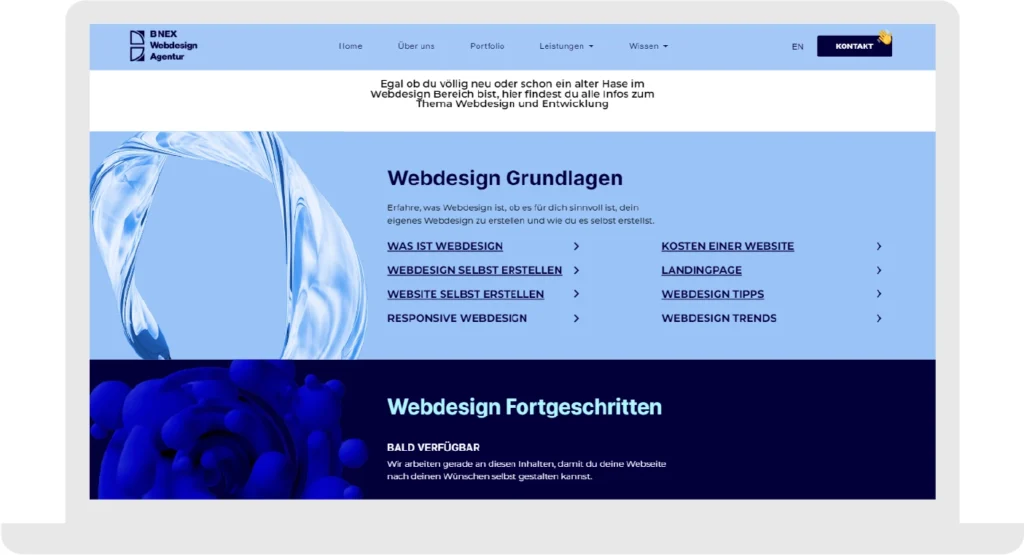 Website mit einem integrierten Blog in Blautönen